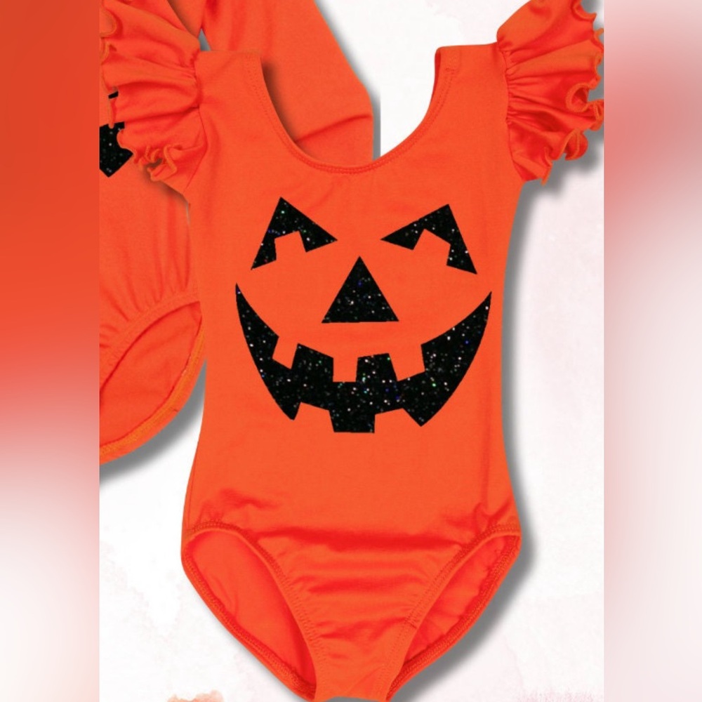 Girls Size 6/7 Halloween Jack-O-Lantern Orange Ruffle Sleeve Leotard Bodysuit